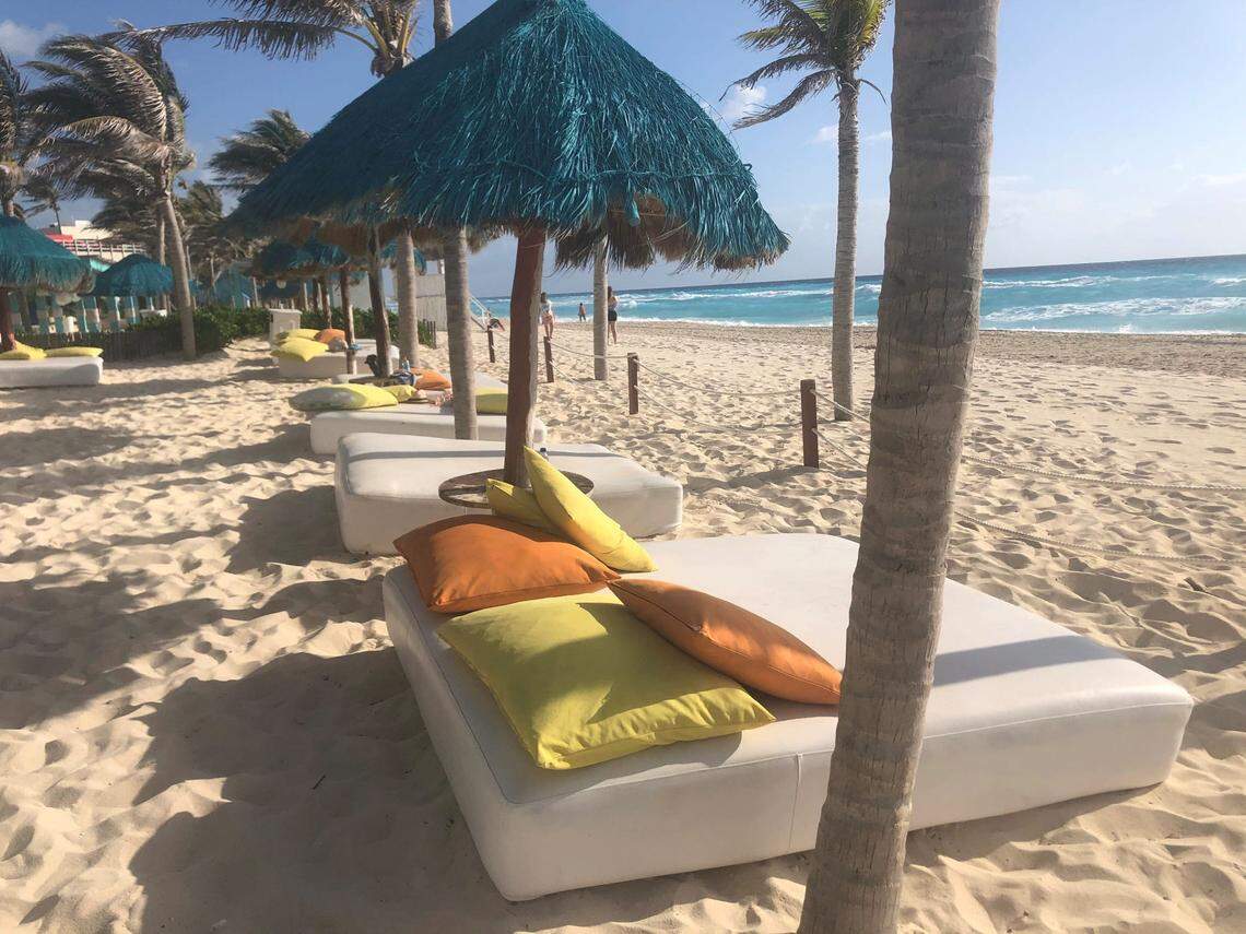 Beachfront day beds are available in Cancun, Mexico. The area offers a variety of attractions for tourists traveling from Charlotte Douglas International Airport.