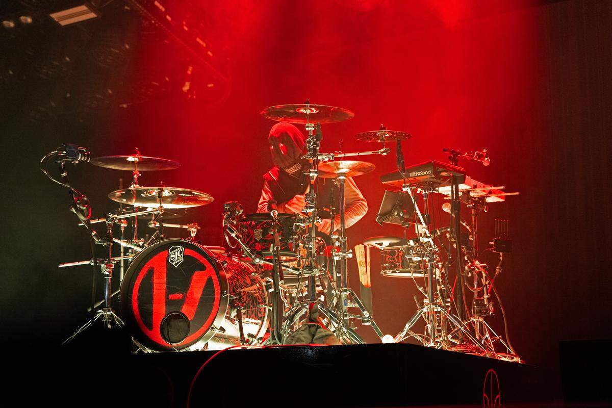 Josh Dun of Twenty One Pilots performs during “The Clancy Tour: Breach 2025” at PNC Music Pavilion in Charlotte on Thursday night.