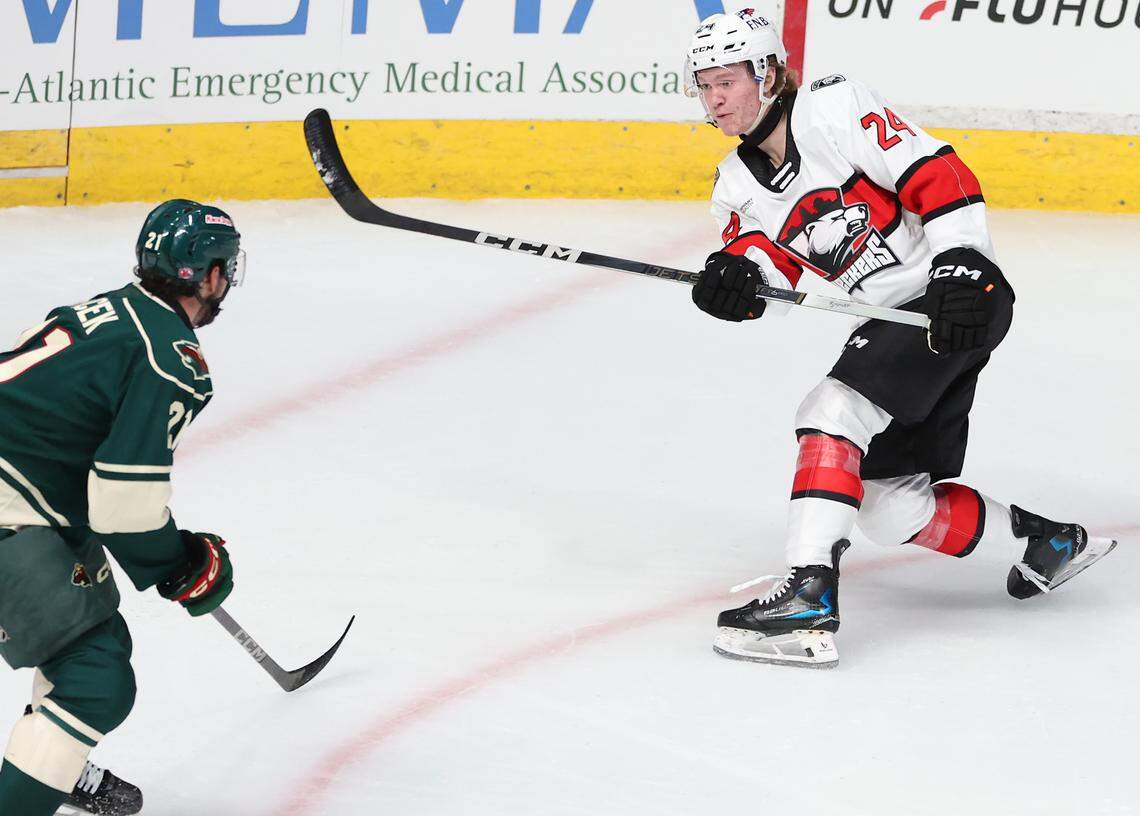 Charlotte Checkers Gracyn Sawchyn shoots a shot on goal during first period action against the Iowa Wild on Friday, October 17, 2025 at Bojangles Coliseum in Charlotte, NC. Sawchyn scored on the shot.