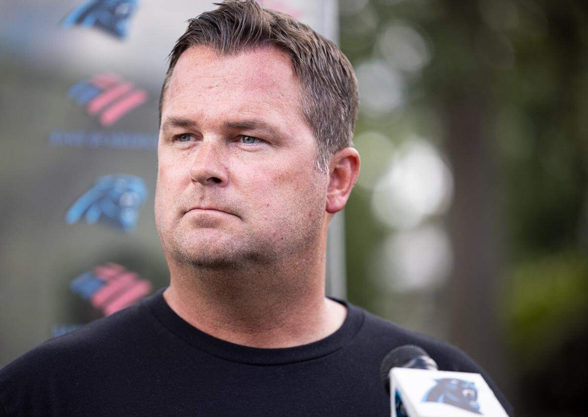 Carolina Panthers general manager, Scott Fitterer, speaks after the Carolina Panthers joint practice with the Baltimore Ravens Spartanburg, S.C., on Wednesday, August 18, 2021.