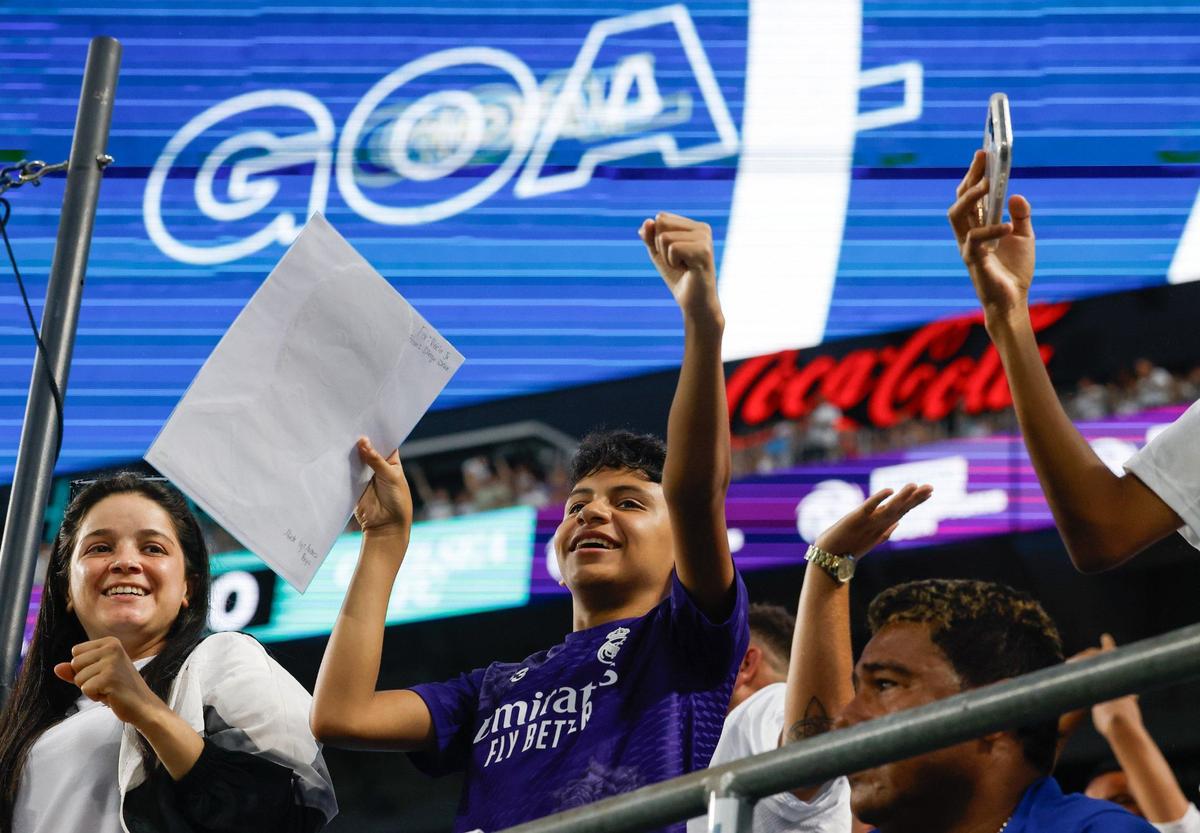 A fan of Real Madrid cheers after their second goal in the first half during the match against Chelsea at Bank of America Stadium in Charlotte, NC on Tuesday, August 6, 2024.