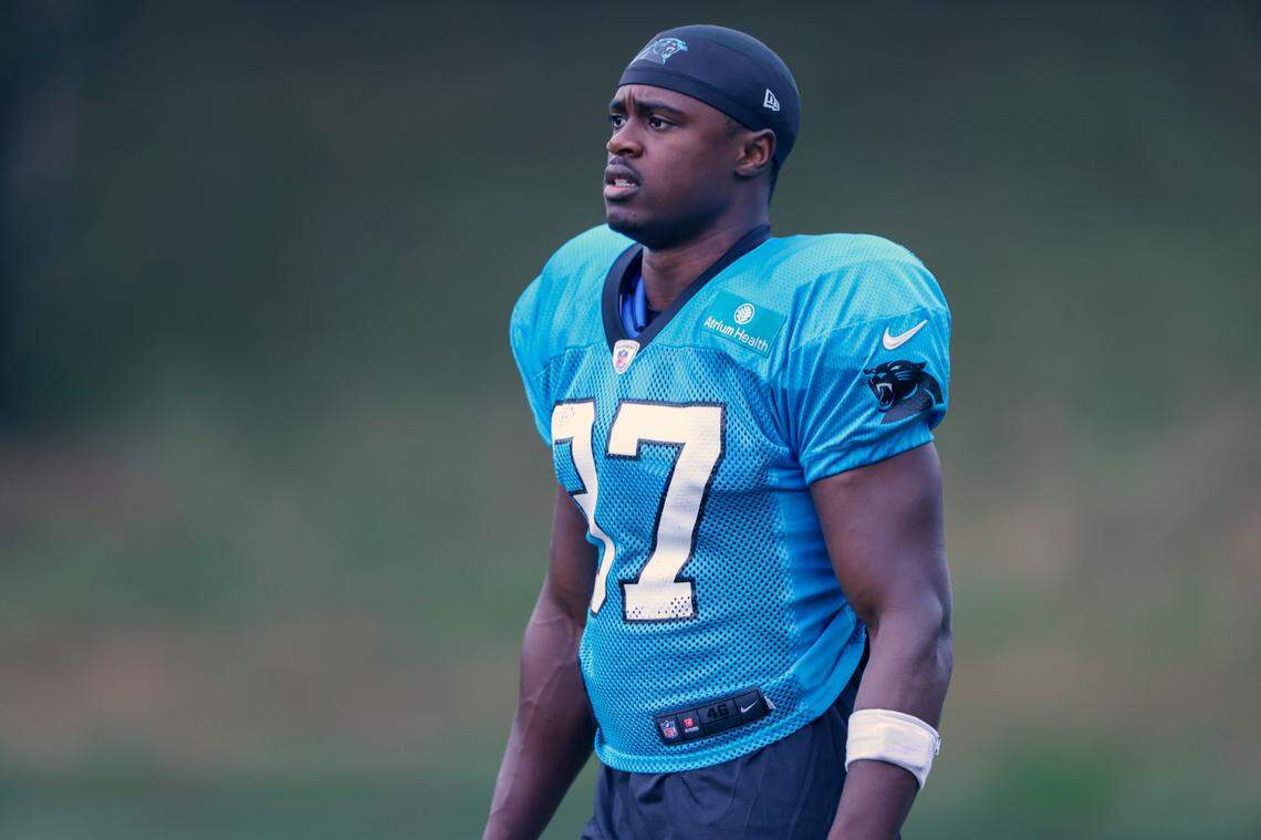 Carolina Panthers defensive back J.T. Ibe walks onto the practice field at the NFL football team’s training camp in Spartanburg, S.C., Tuesday, Aug. 3, 2021. Carolina Panthers wide receiver Keith Kirkwood was hit in the neck area during practice Tuesday, carted off the field and taken away in an ambulance. Defensive back J.T. Ibe delivered the hit on a pass play and was immediately kicked out of the team’s first padded practice by coach Matt Rhule. (AP Photo/Nell Redmond)