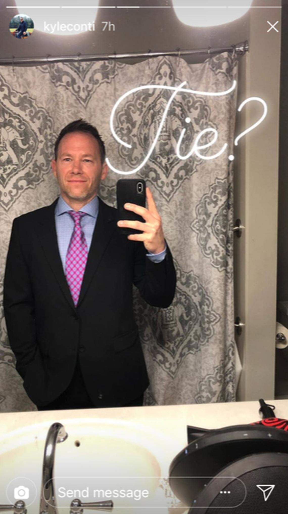 Kyle Conti, owner of Charlotte Yoga, posted this Instagram photo in which he apparently is seeking fashion advice on how he should dress for a meeting later that day involving the sexual harassment complaints filed by two of his former employees.