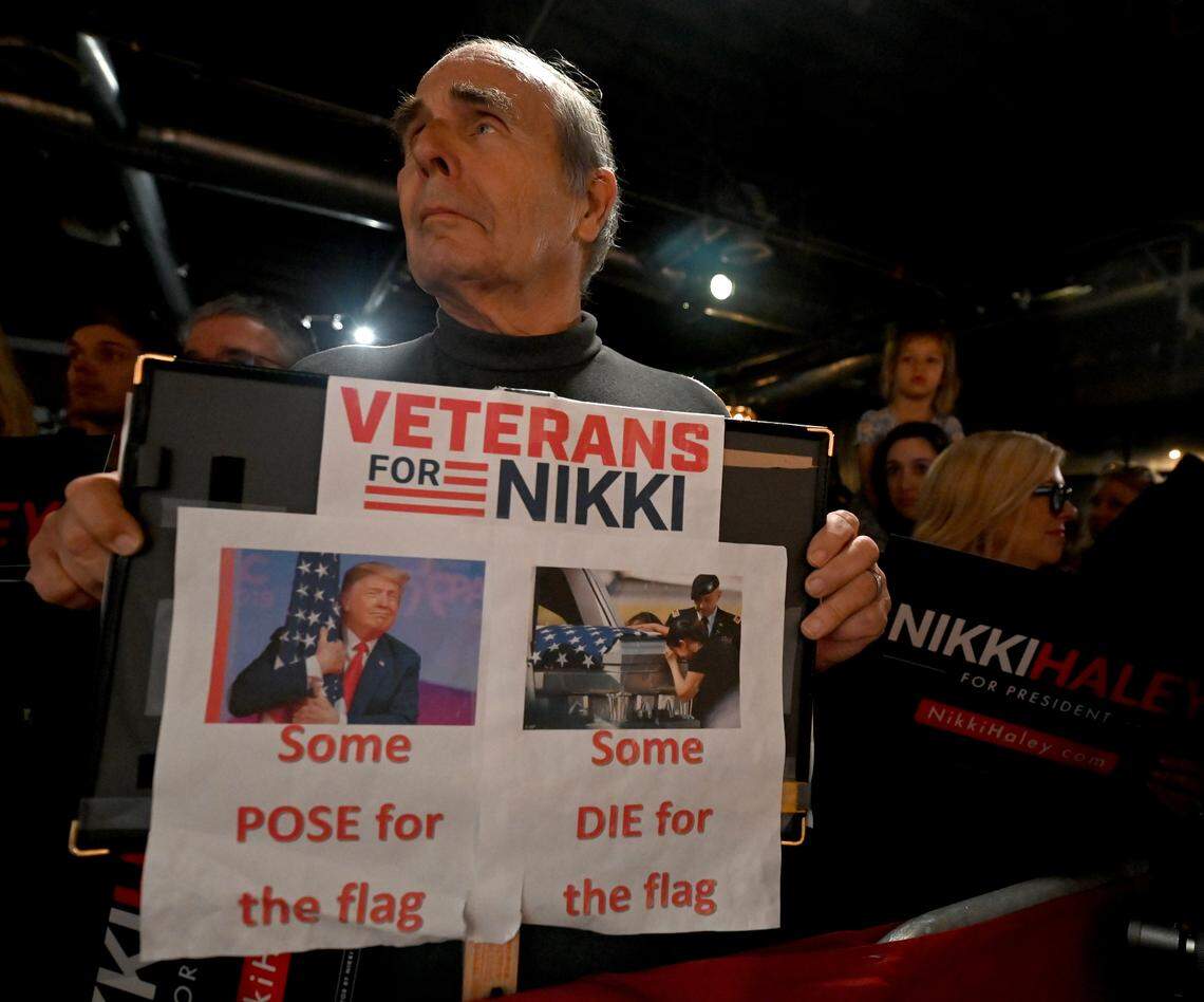 John Diehl of Cornelius, NC stands along the railing waiting for the Nikki Haley rally to begin at Norfolk Hall at Suffolk Punch in SouthEnd on Friday, March 1, 2024 in Charlotte, NC.