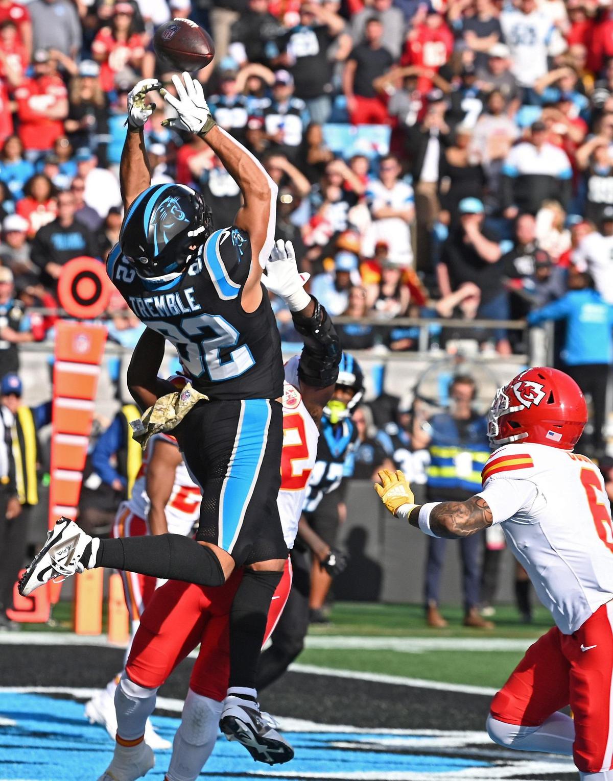 Carolina Panthers tight end Tommy Tremble is unable to catch a pass in the end zone as the Kansas City Chiefs defense collapse on him during action at Bank of America Stadium in Charlotte, NC on Sunday, November 24, 2024. The Chiefs defeated the Panthers 30-27.