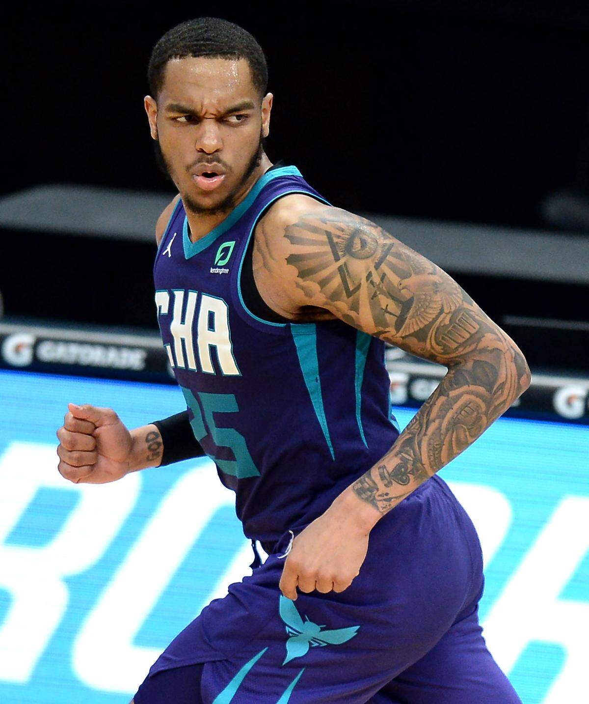 Charlotte Hornets forward PJ Washington glances back down court after hitting a three-pointer against Detroit Thursday. Washington led Charlotte in both points (20) and rebounds (9) as the team edged Detroit, 105-102.