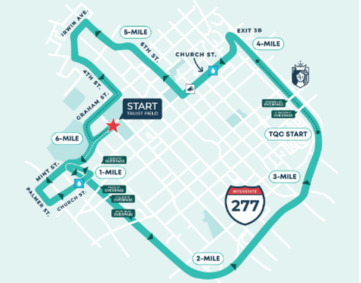 This map shows the course for the Around The Crown 10K happening in Charlotte this weekend.