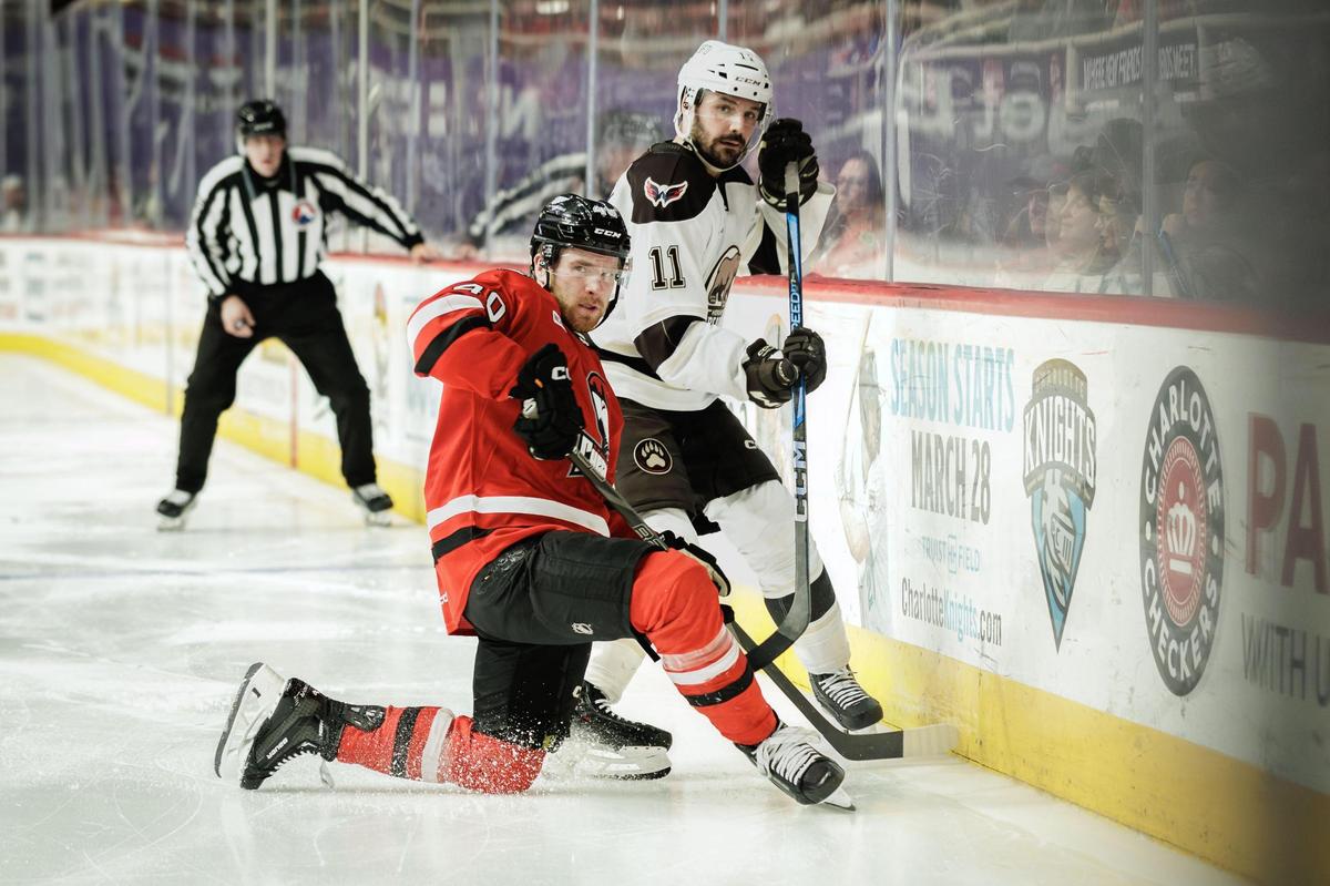 Checkers defenseman Tobias Bjornfot battles for control of the puck during Charlotte’s third-round playoff win against the Hershey Bears on Friday at Bojangles Coliseum.
