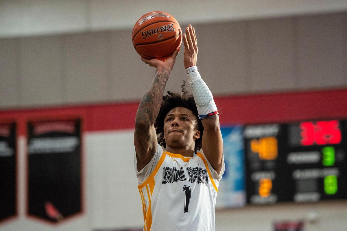 Vertical Academy’s guard Mikey Williams shoots a free throw during the game against a Canadian team called Royal Crown at Berry High School on Saturday. Williams had 25 points and four dunks, but his team lost, 80-78.