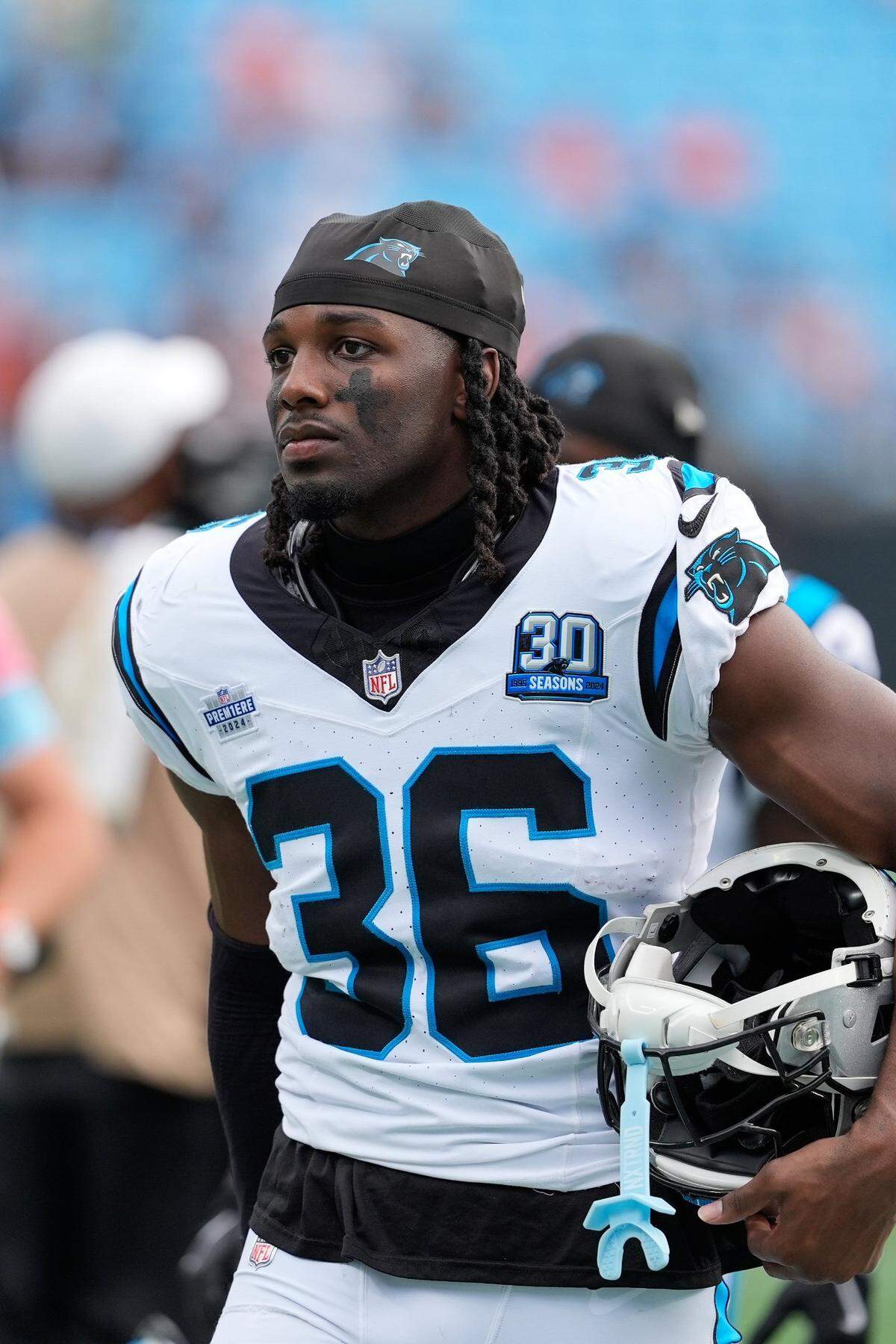 Sep 29, 2024; Charlotte, North Carolina, USA; Carolina Panthers safety Demani Richardson (36) during the fourth quarter at Bank of America Stadium. Mandatory Credit: Jim Dedmon-Imagn Images