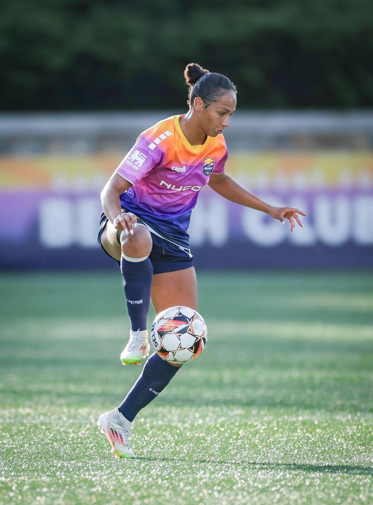 Carolina Ascent FC’s Addisyn Merrick settles a pass and takes a touch toward midfield during Sunday’s playoff game against Fort Lauderdale United.