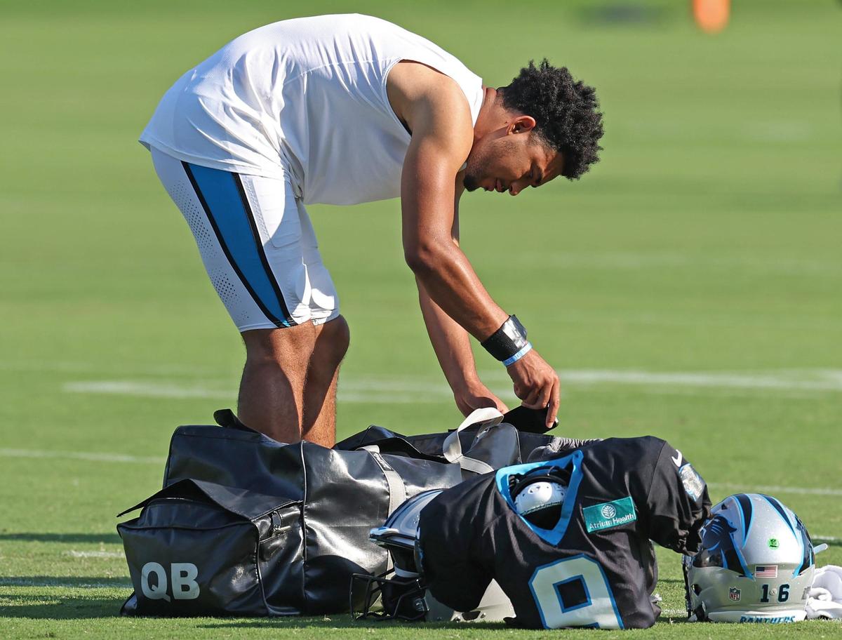 Carolina Panthers quarterback Bryce Young prepares for the team’s joint practice with the New York Jets on Thursday, August 15, 2024 in Charlotte, NC.