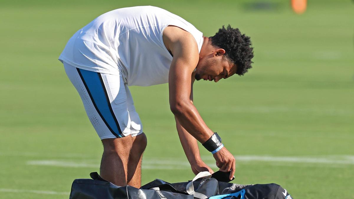 Carolina Panthers quarterback Bryce Young prepares for the team’s joint practice with the New York Jets on Thursday, August 15, 2024 in Charlotte, NC.