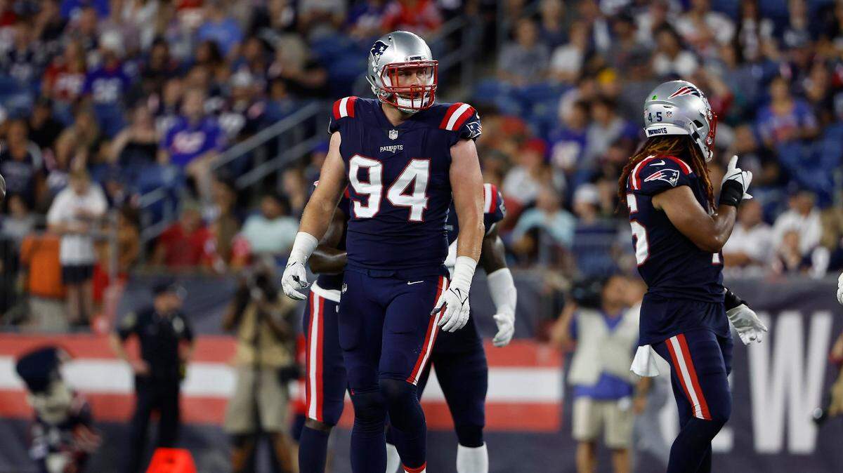 New England Patriots defensive end Henry Anderson during an NFL preseason football game against the New York Giants at Gillette Stadium, Thursday, Aug. 11, 2022 in Foxborough, Mass. The Carolina Panthers signed Anderson to add some depth to the defensive line on Sept. 5, 2022.