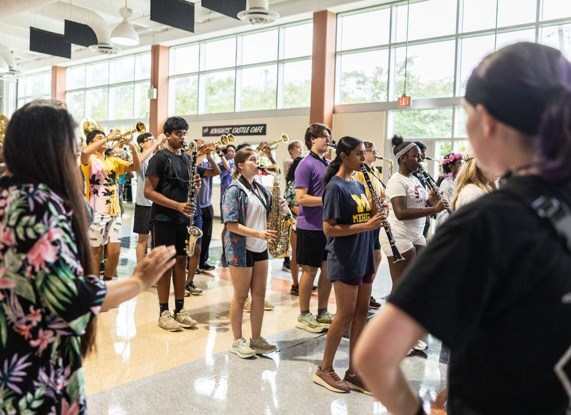 The Ardrey Kell marching band practices during band camp at Ardrey Kell High School in Charlotte, N.C., on Wednesday, August 6, 2025.