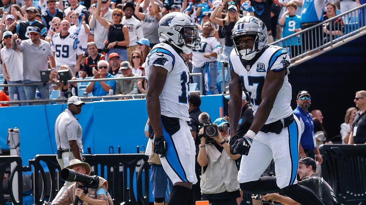 Panthers wide receiver Xavier Legette, right, celebrates in the end zone after a touchdown during the game against the Bengals at Bank of America stadium in Charlotte, NC on Sunday, September 29, 2024.