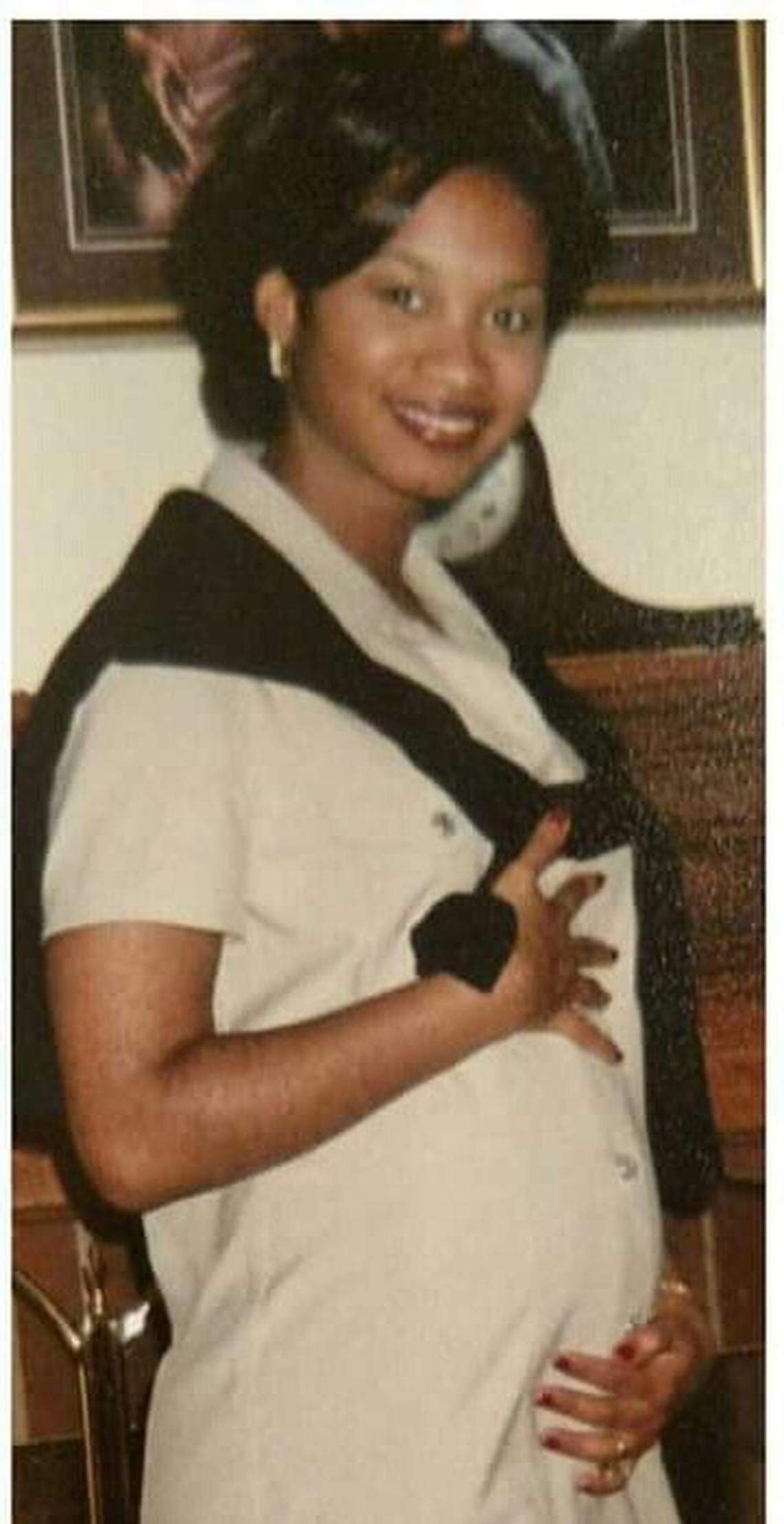 This family photo from 1999 shows Cherica Adams proudly showing off her pregnancy. Her baby Chancellor Lee Adams was born by emergency Caesarean section later that same year after Adams had been shot four times in a murder conspiracy masterminded by former Carolina Panther Rae Carruth.