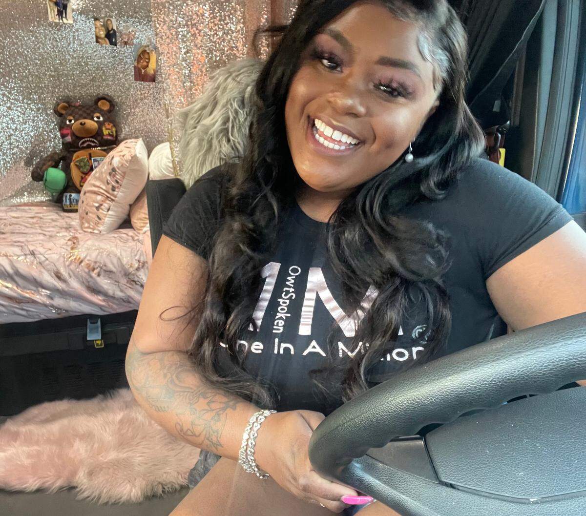 Clarissa Rankin’s truck, which she named Sparkle, is decked out with a furry seat cover and a sparkling backdrop for all her TikTok videos.