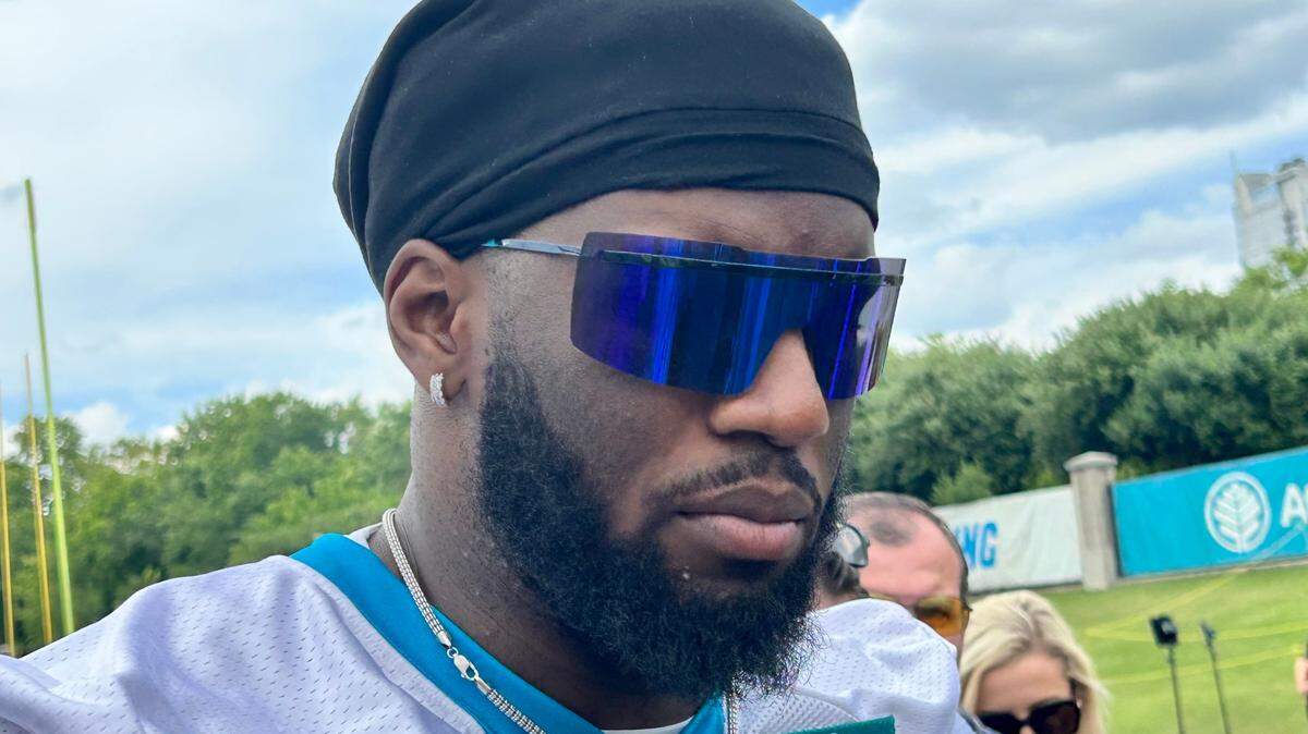The Carolina Panthers’ Brian Burns at a press conference on June 14, 2023, in Charlotte at the team’s practice fields.