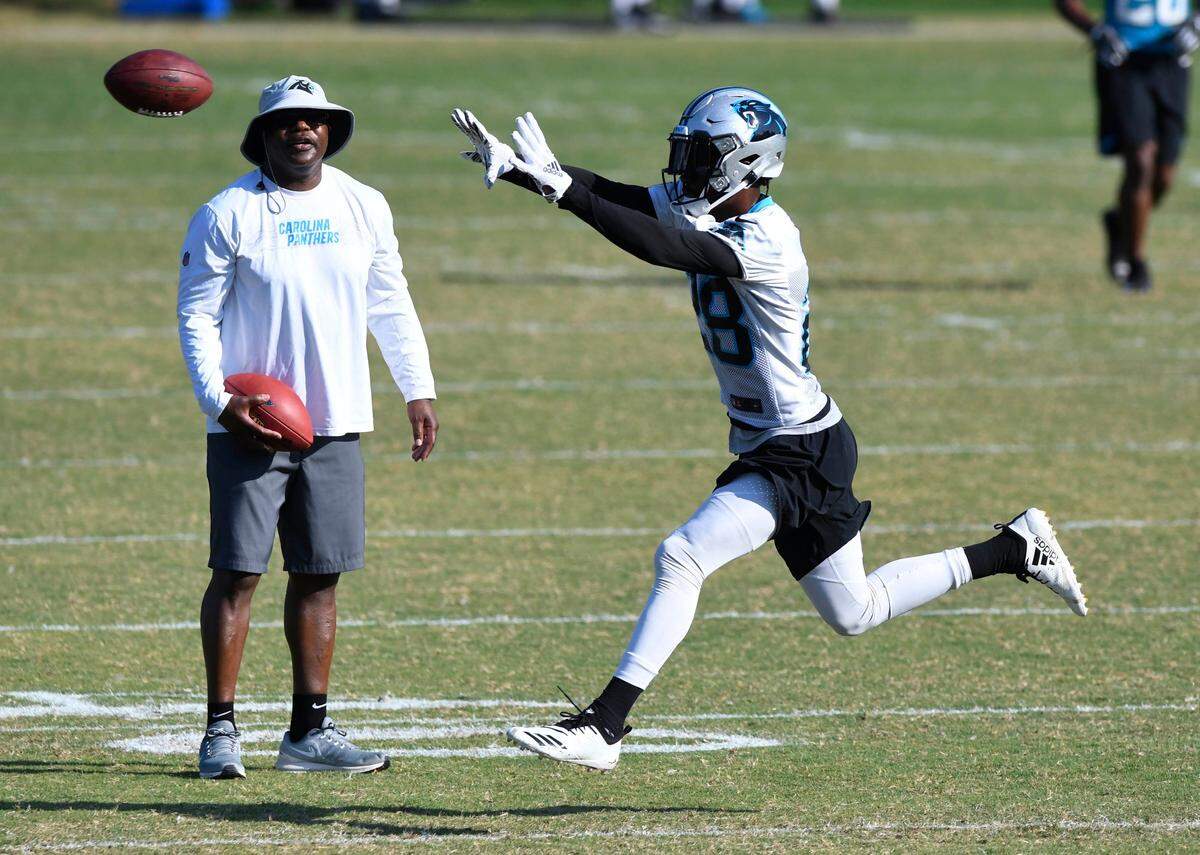 Carolina Panthers defensive back Rashaan Gaulden (28) makes a reception during a drill at an OTA session at the team’s practice field on Tuesday, May 28, 2019.