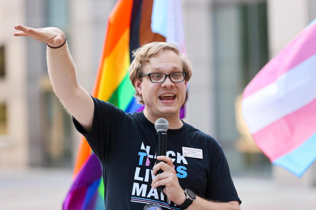 Cameron Pruette, president of the LGBTQ+ Democrats of Mecklenburg County, speaks at a rally demanding passage of local non-discrimination ordinance at the Charlotte-Mecklenburg Government Center in Charlotte, N.C., Monday, May 24, 2021.