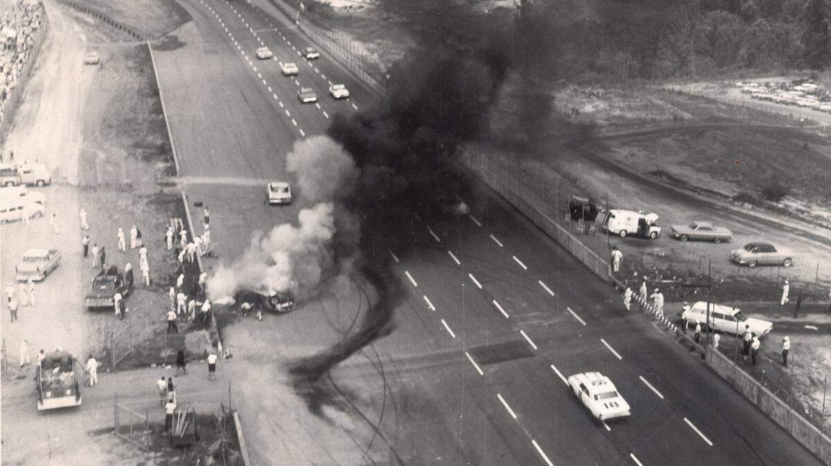 Fireball Roberts flaming car after his crash at Charlotte Motor Speedway during World 600 in 1964.