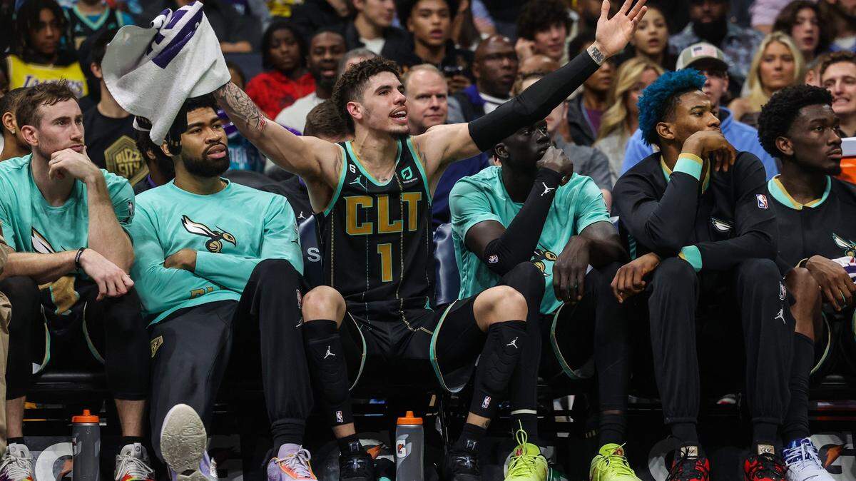 Hornets guard LaMelo Ball throws his arms in the air while yelling “What did I say?” to a referee after being charged with a technical foul during the game against the Lakers at Spectrum Center on Monday, January 2, 2023.