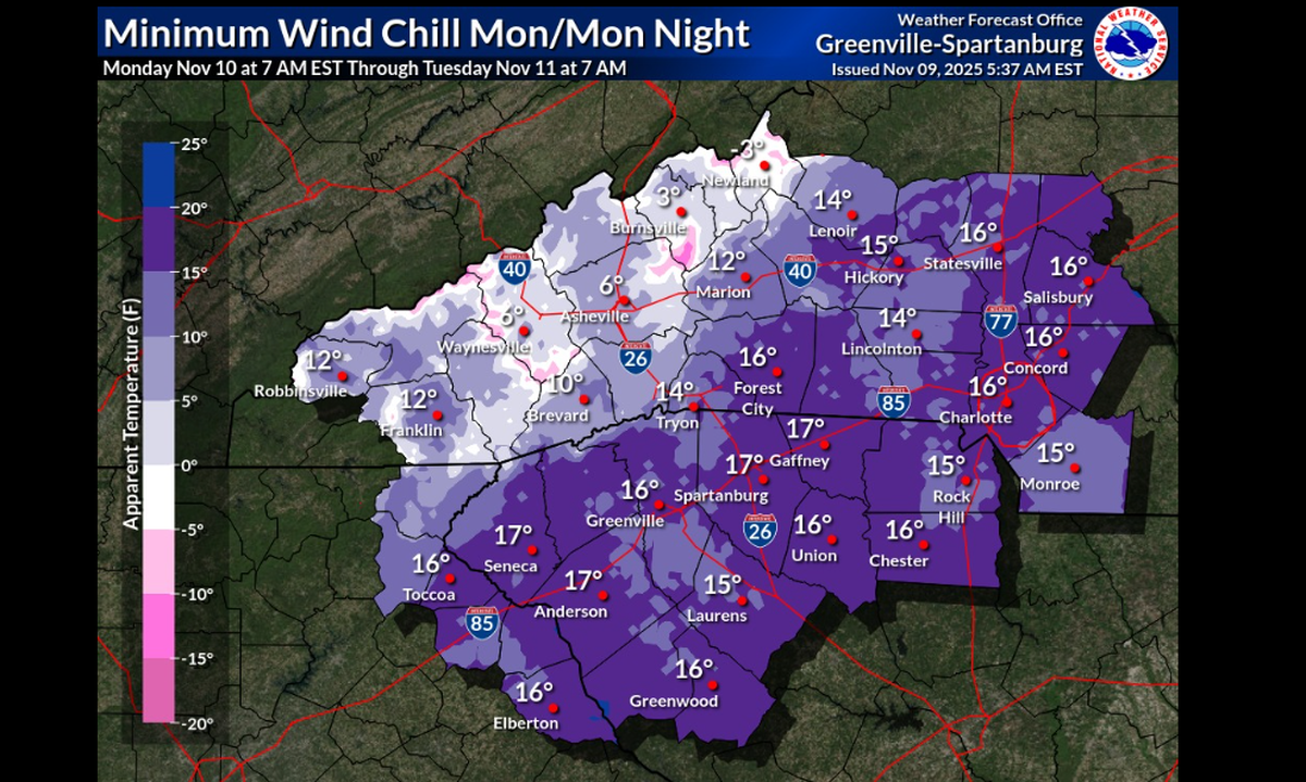 The cold snap arrives Monday night and will bring 30 mph wind gusts and wind chills in the mid teens to the Charlotte area, the National Weather Service says. 