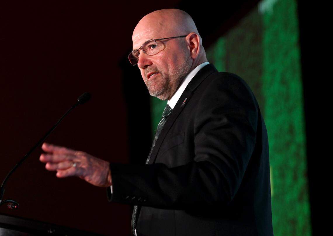 Charlotte 49ers football coach Tim Albin speaks during American Conference media day July 25 at the Charlotte Convention Center.