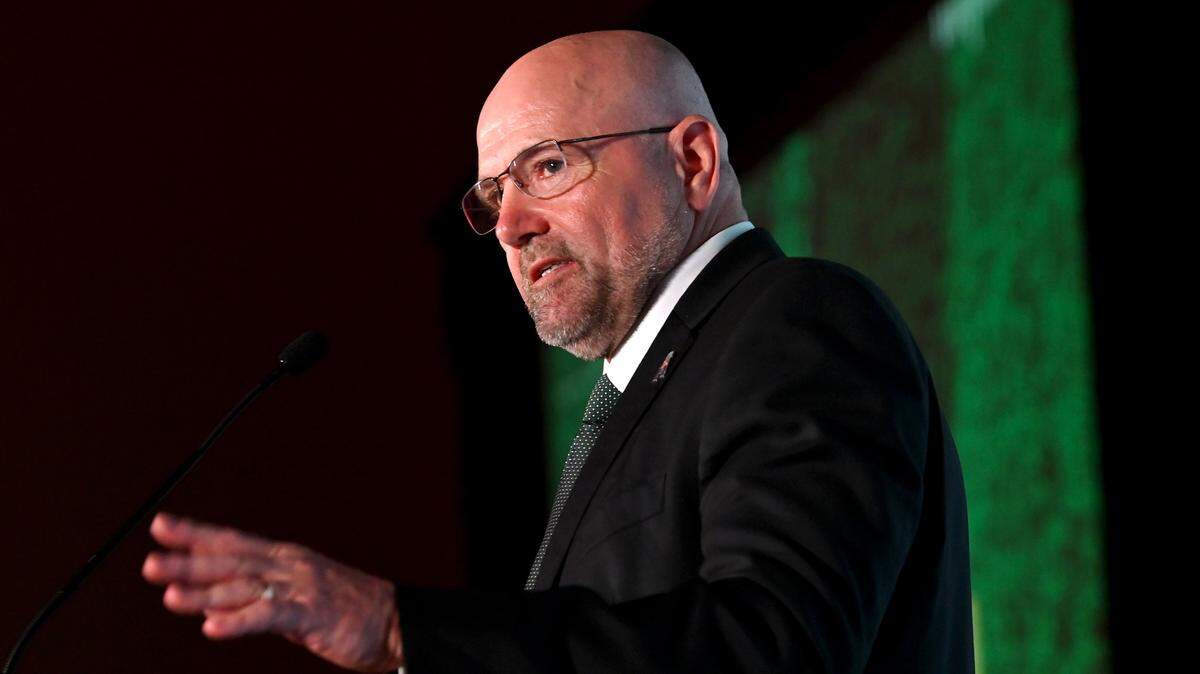 Charlotte 49ers head football coach Tim Albin speaks during media day for the American Conference on Friday at the Charlotte Convention Center.