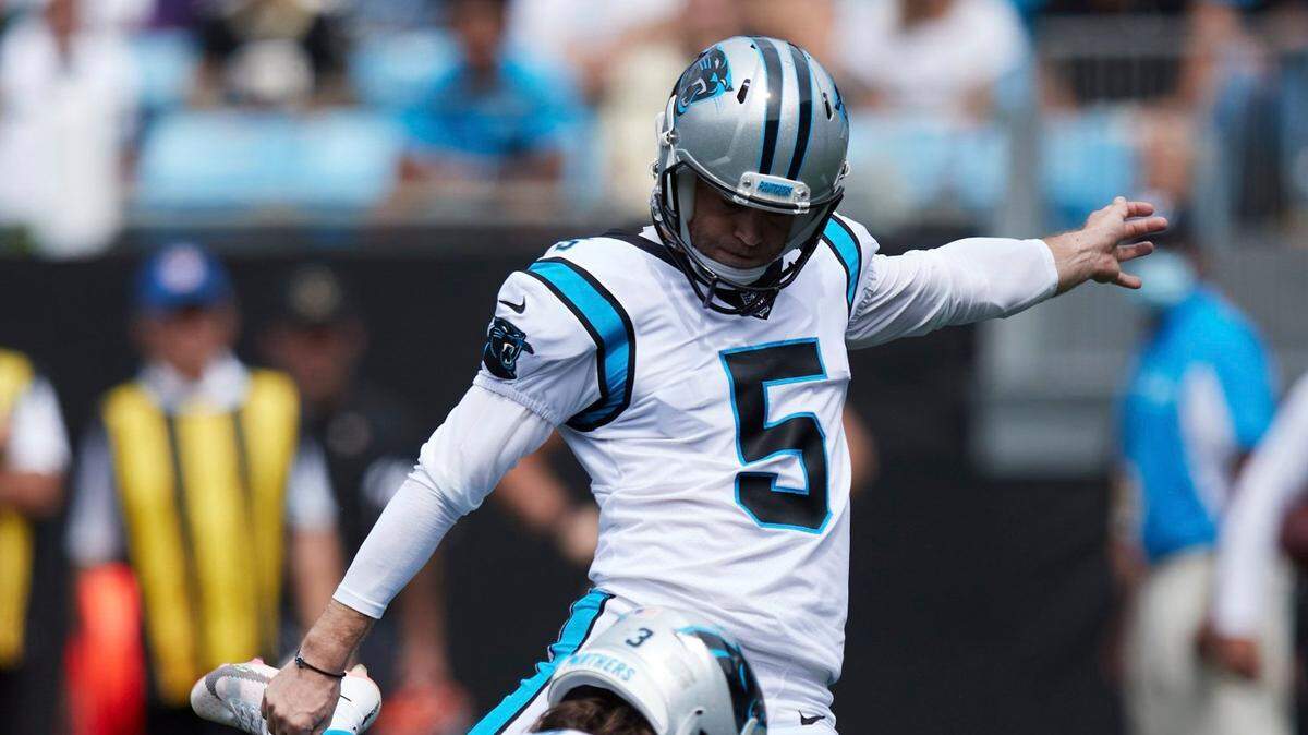 Carolina Panthers place kicker Zane Gonzalez (5) kicks a field goal during an NFL football game against the New Orleans Saints, Sunday, Sep. 19, 2021, in Charlotte, N.C. (AP Photo/Brian Westerholt)