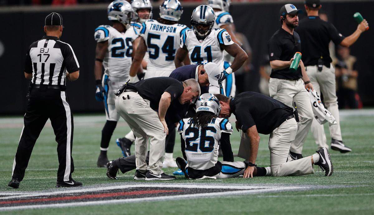 Carolina Panthers cornerback Donte Jackson (26) injured his hamstring on Sunday against the Atlanta Falcons but said after the game he expects to play in Week 3, Sunday at home against Cincinnati.