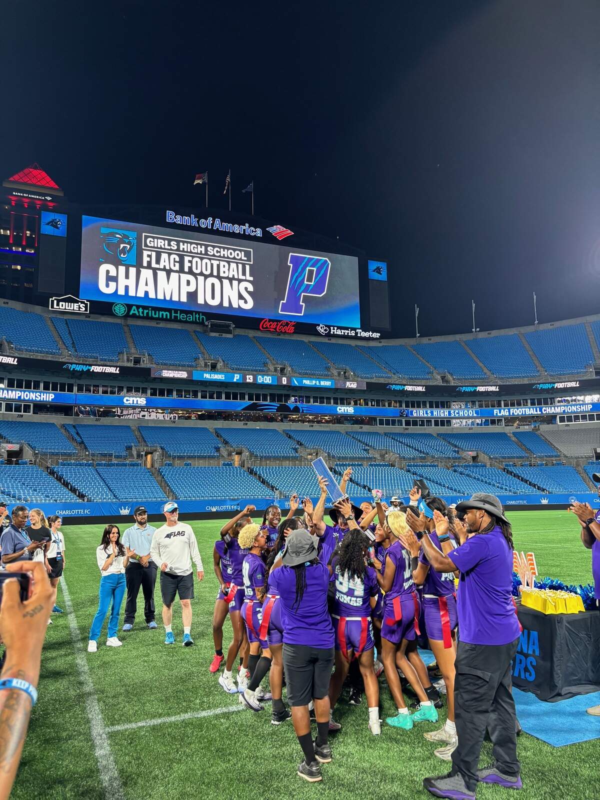 Palisades High won the CMS girls’ flag football championship at Bank of America Stadium Wednesday night
