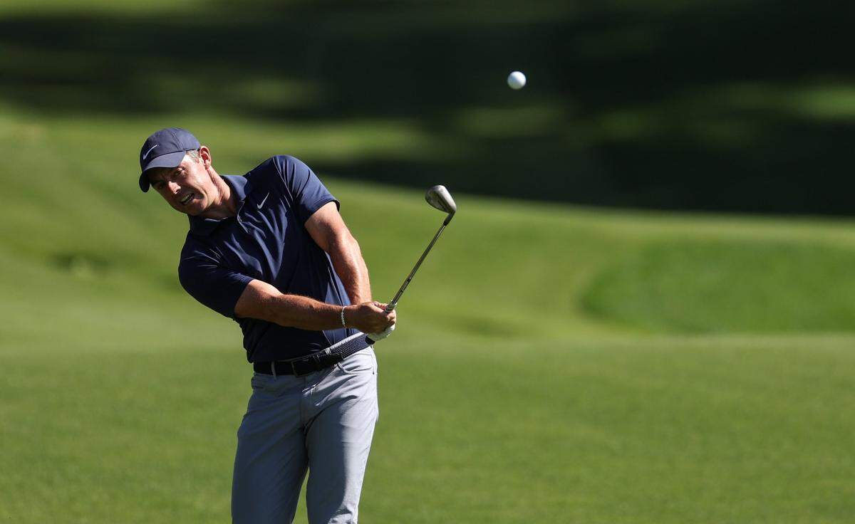 Rory McIlroy hits from the 15th fairway during round three of the Wells Fargo Championship at Quail Hollow Club in Charlotte, N.C., on Saturday, May 11, 2024.