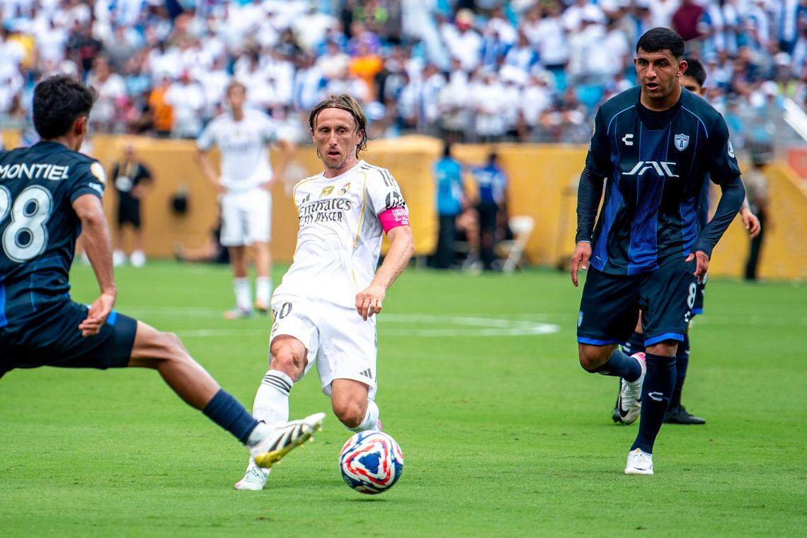 Luka Modric dribbles the ball away during the FIFA Club World Cup game between Real Madrid and Pachuca in Charlotte, NC, Sunday, June 22, 2025.