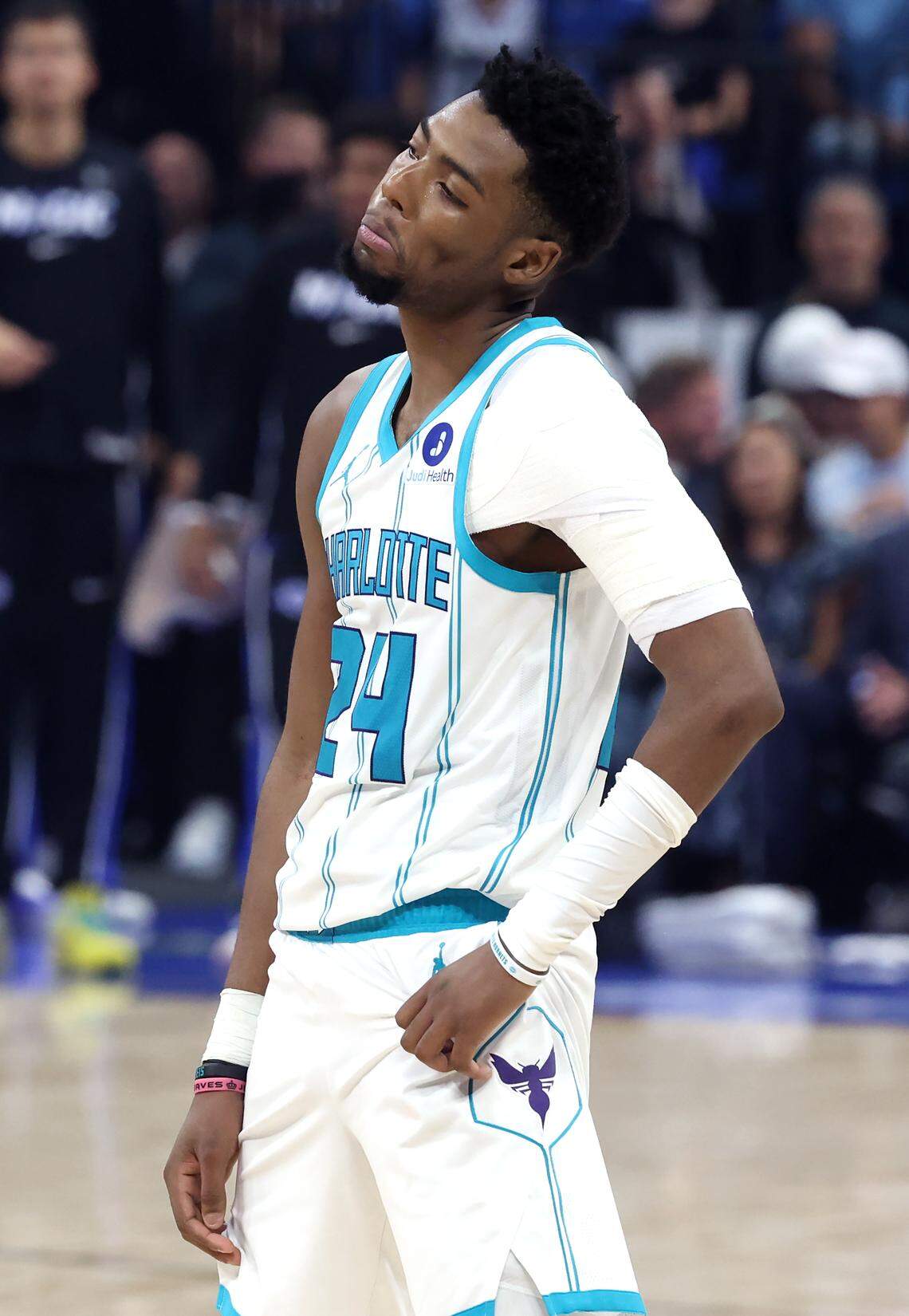 Charlotte Hornets guard Brandon Miller reacts to a call during action against the Orlando Magic at Kia Center in Orlando, FL on Friday, April 17, 2026. The Magic defeated the Hornets 121-90.