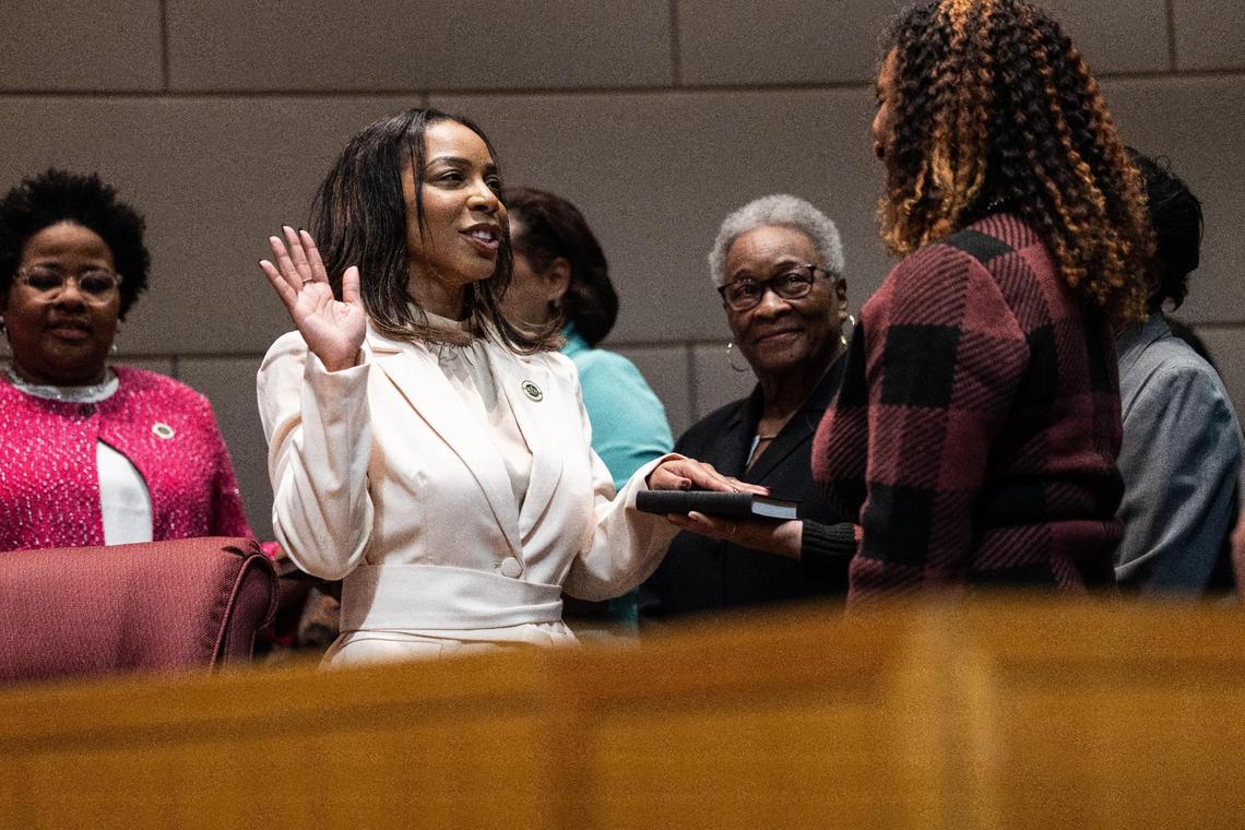 Victoria Watlington is sworn in for another term on the Charlotte City Council at the Charlotte-Mecklenburg Government Center in Charlotte, N.C., on Monday, December 4, 2023.