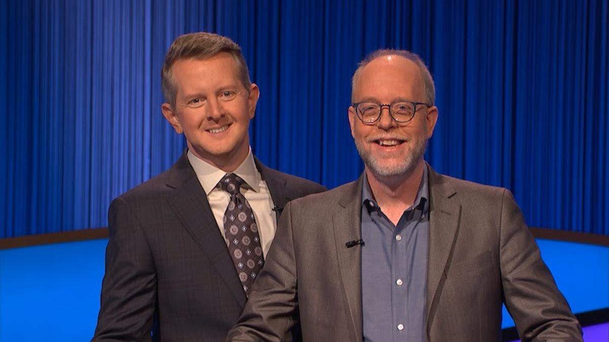 Professor Mark Sutch reports “Jeopardy!” host Ken Jennings (left) “was awesome and kind and went out of his way to say nice things to me about my performance.”
