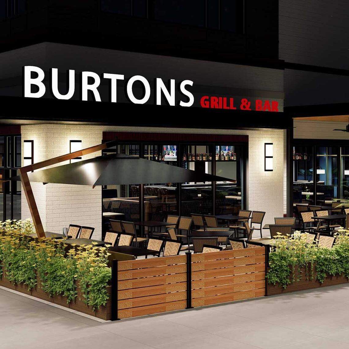 This is a patio-side rendering of the planned Burtons Grill & Bar in Huntersville, NC.