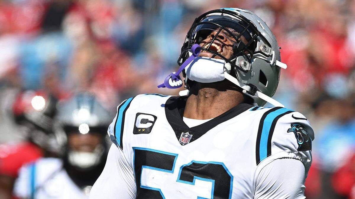 Carolina Panthers defensive end Brian Burns celebrates his sack of Tampa Bay Buccaneers quarterback Tom Brady during second quarter action at Bank of America Stadium in Charlotte, NC on Sunday, October 23, 2022.