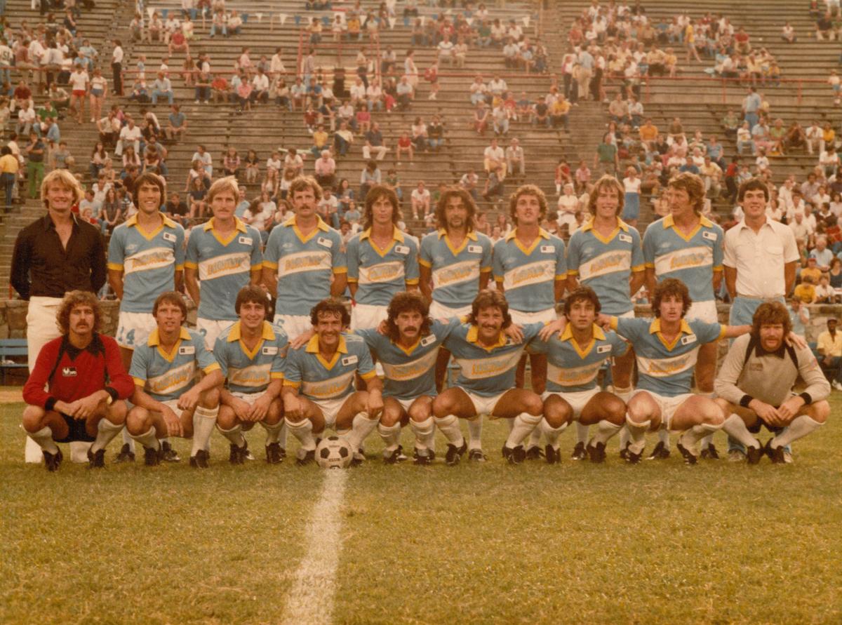 Shortly before the championship game in Charlotte’s Memorial Stadium, members of the Carolina Lightnin’ pro soccer team posed for a photo. The team would eventually be inducted into the N.C. Soccer Hall of Fame in 2012.