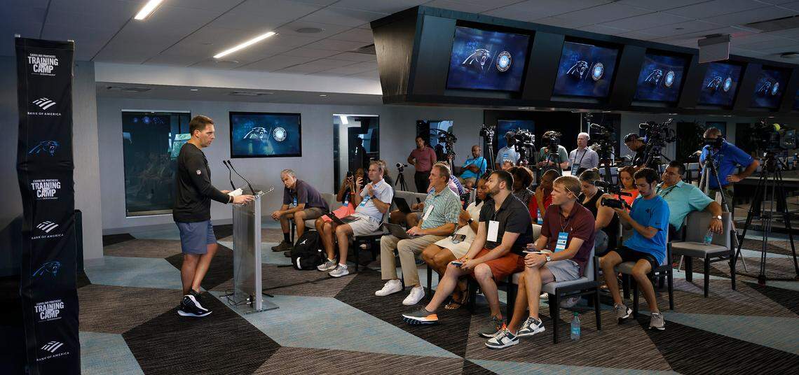 Carolina Panthers general manager Dan Morgan speaks to members of the media during a press conference on Tuesday, July 23, 2024 at Bank of America Stadium in Charlotte, NC. The team is hosting training camp in Charlotte, NC this year after leaving Spartanburg, SC.