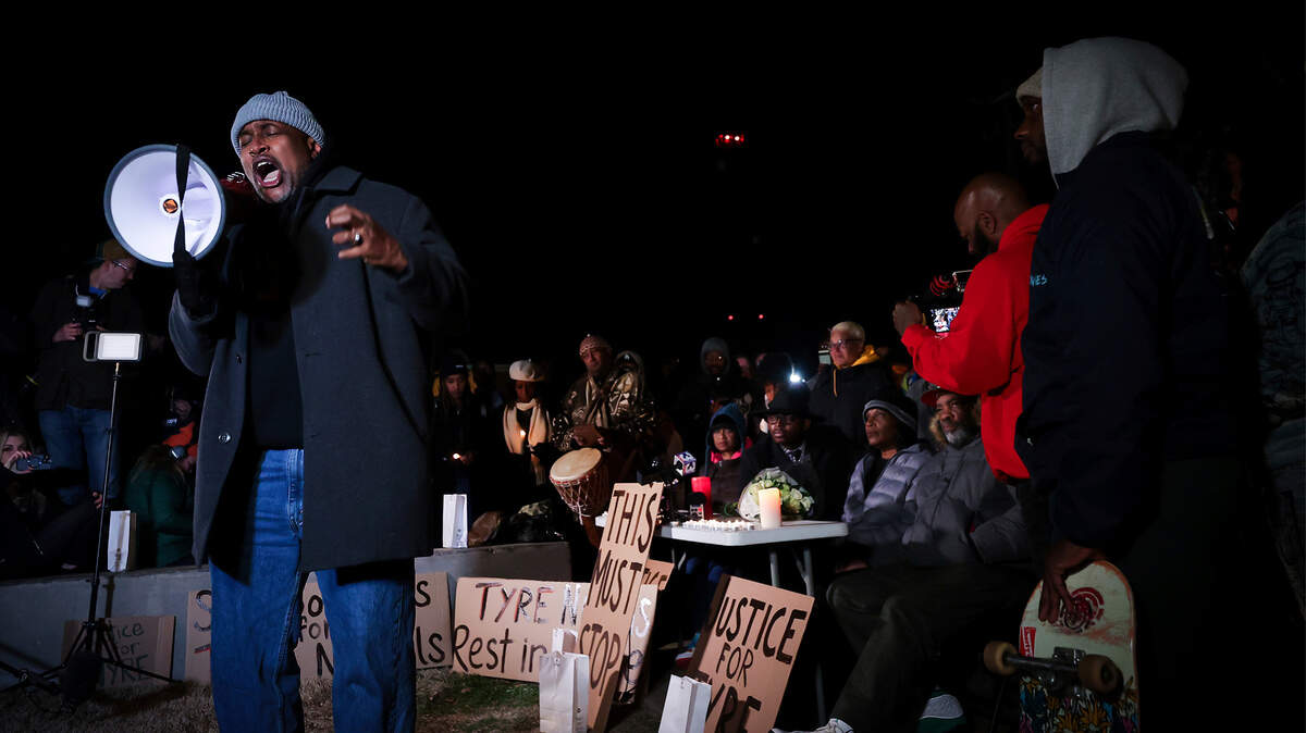 Pastor Andre Johnson speaks at a candlelight vigil for Tyre Nichols, who died after being beaten by Memphis police officers, in Memphis, Tenn., Thursday, Jan. 26, 2023. (Patrick Lantrip/Daily Memphian via AP)