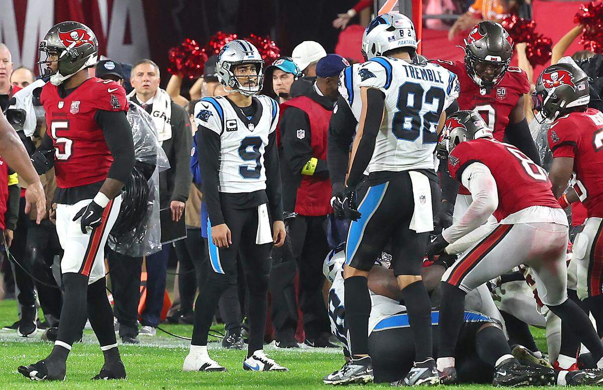 Carolina Panthers quarterback Bryce Young slouches his shoulders after the team’s final attempt in the closing seconds of action against the Tampa Bay Buccaneers on Jan. 3, 2026, at Raymond James Stadium in Tampa, Fla. The Buccaneers defeated the Panthers 16-14.