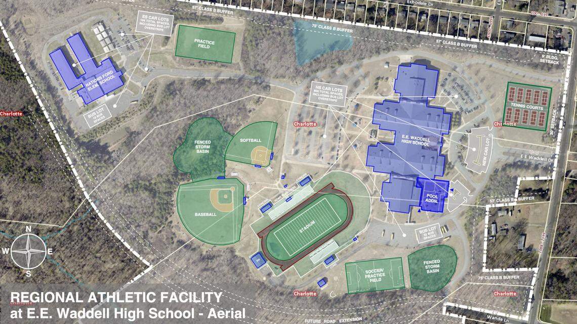 Aerial photo/rendering of a proposed regional athletic facility at E.E. Waddell High School at 7030 Nations Ford Road. Charlotte-Mecklenburg Schools has 125 projects it wants to complete at more than $5 billion in costs. Over the next 18 months, district officials will put together a capital improvement plan to decide which projects they ask voters to fund with bonds on the November 2023 ballot. Regional athletic facilities are proposals officials are looking at and want community input on.