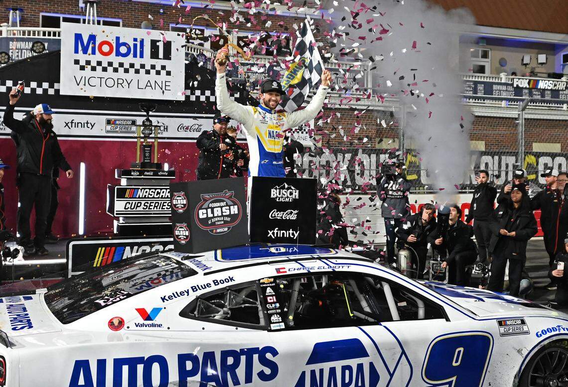 NASCAR Cup Series driver Chase Elliott celebrates his team’s winning the Cook Out Clash race on Feb. 2, 2025, at Bowman Gray Stadium in Winston-Salem.