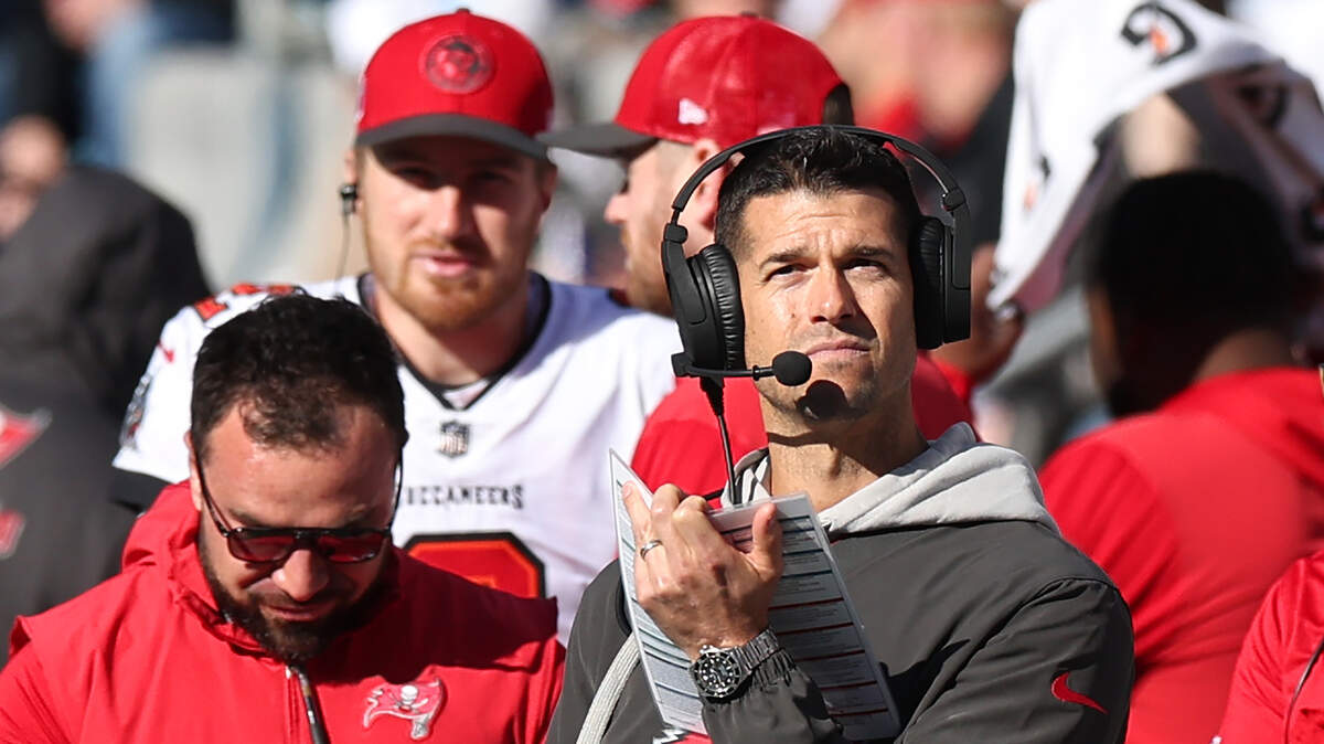 Dave Canales, the new Carolina Panthers head coach, shown while he was coaching at Tampa Bay in January. Canales and his wife Lizzy co-wrote a book about their marriage struggles in 2022 called “This Marriage? The question that changed everything.”