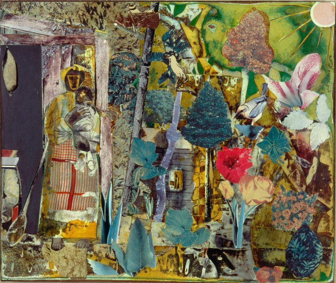 Romare Bearden’s “Madeleine Jones’ Wonderful Garden (Mecklenburg County),” 1977. Collage of various papers with ink, graphite, and surface abrasion on fiberboard, 13 x 15 1/2 inches.