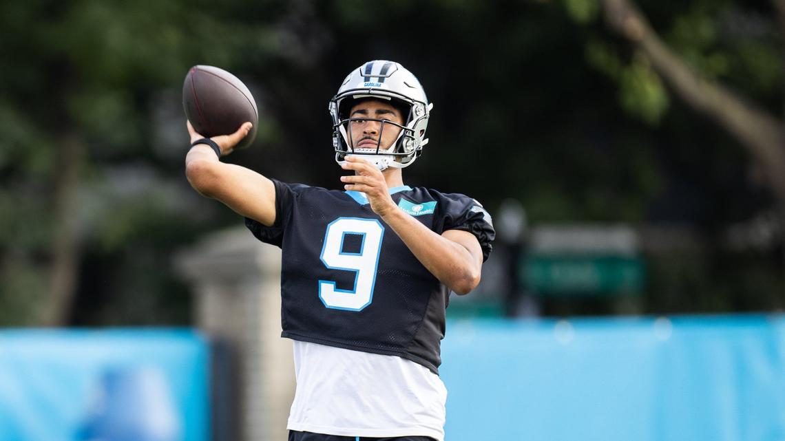 Carolina Panthers Bryce Young passes a ball during the Carolina Panthers Training Camp in Charlotte, N.C., on Monday, August 5, 2024.