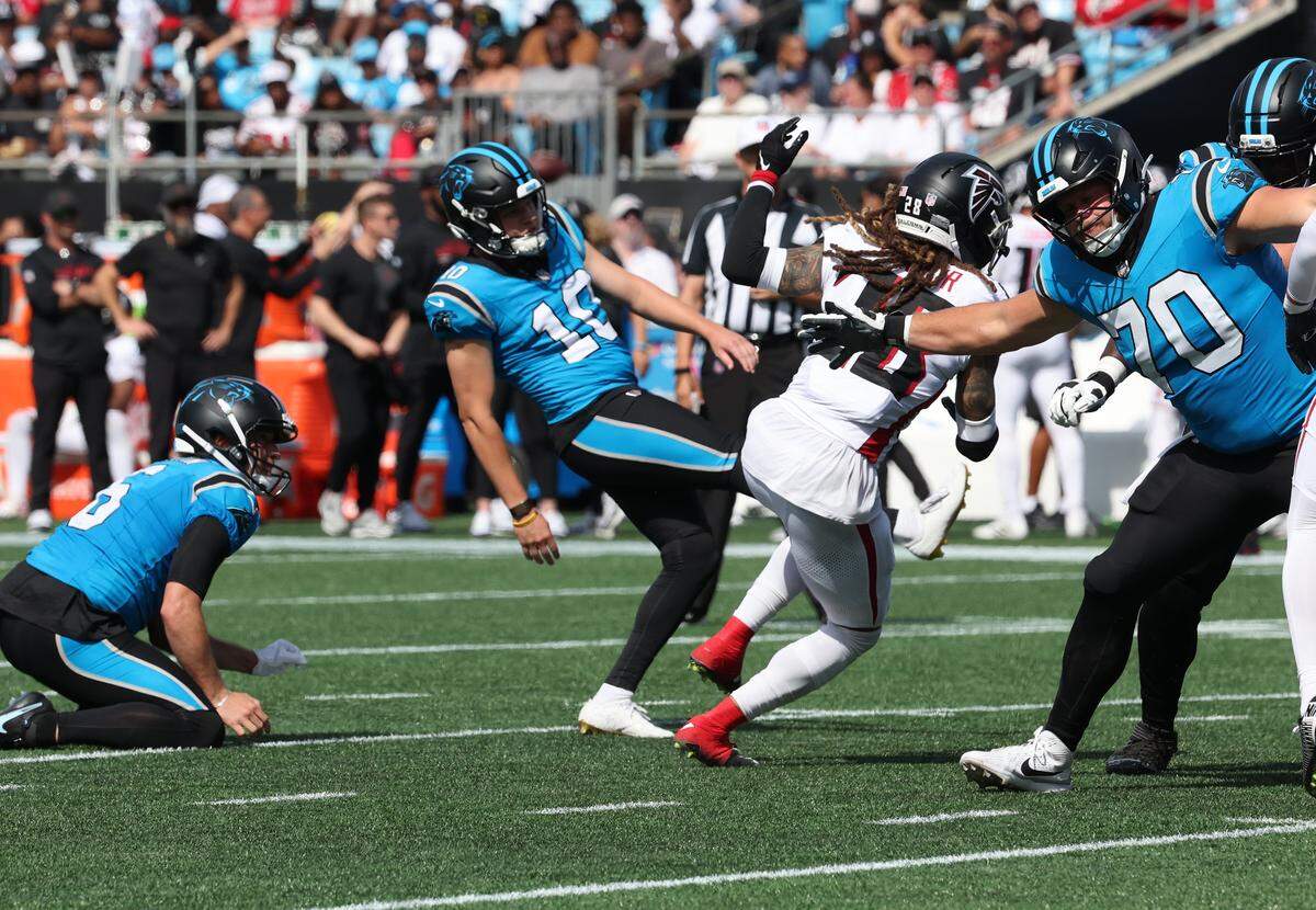 Carolina Panthers Ryan Fitzgerald kicks a field goal against the Atlanta Falcons at the Bank of America Stadium in Charlotte, N.C., on Sunday, September 21, 2025.